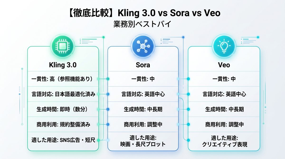 図解:【徹底比較】Kling 3.0 vs Sora vs Veo 業務別ベストバイ