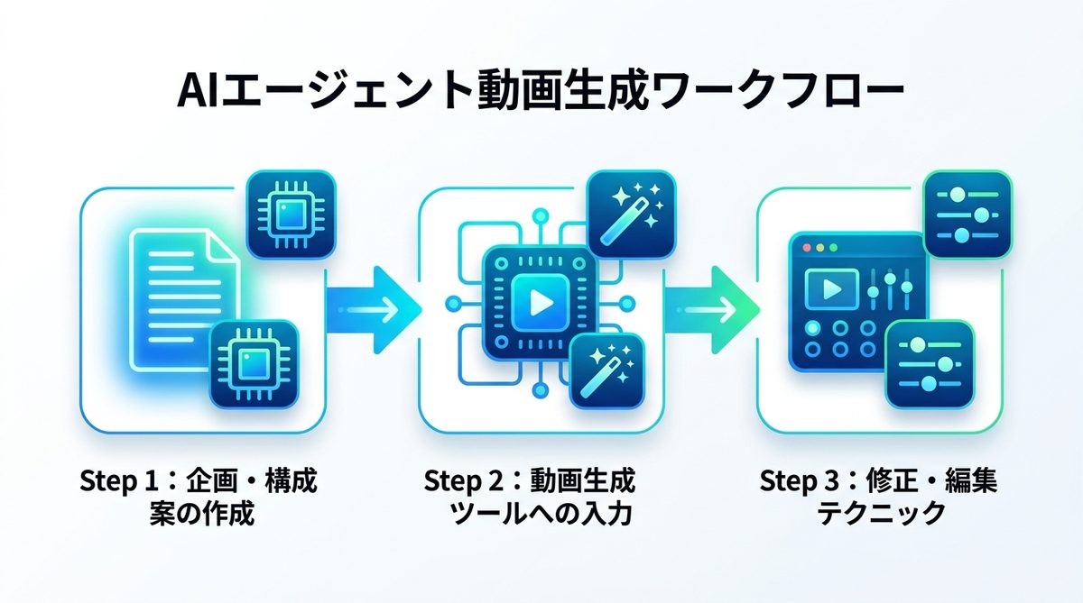 図解：【ステップ別】AIエージェントで動画生成を行う実践ワークフロー