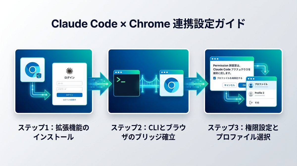 図解:【完全ガイド】Claude CodeとChromeを連携させる設定手順