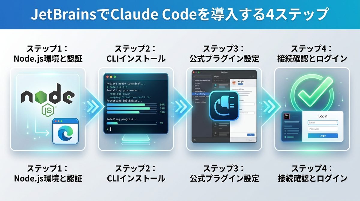 図解:【完全ガイド】JetBrainsでClaude Codeを導入する4ステップ