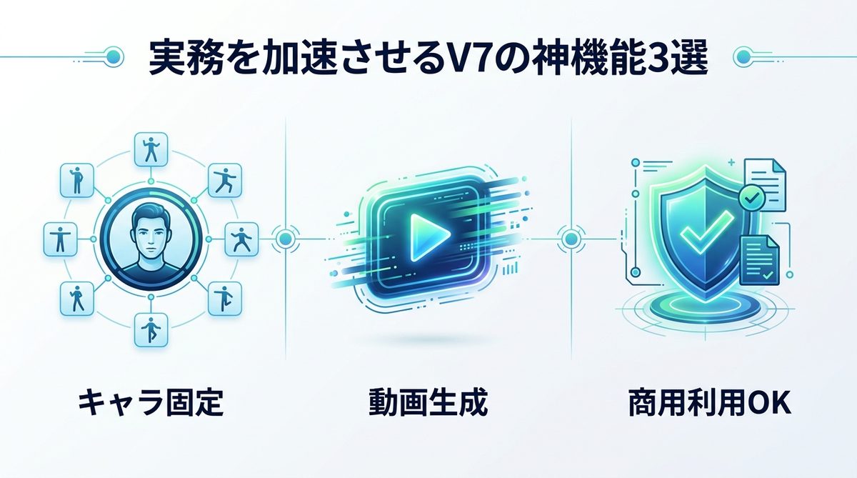 図解：実務を加速させるV7の神機能3選｜キャラクター固定と動画生成