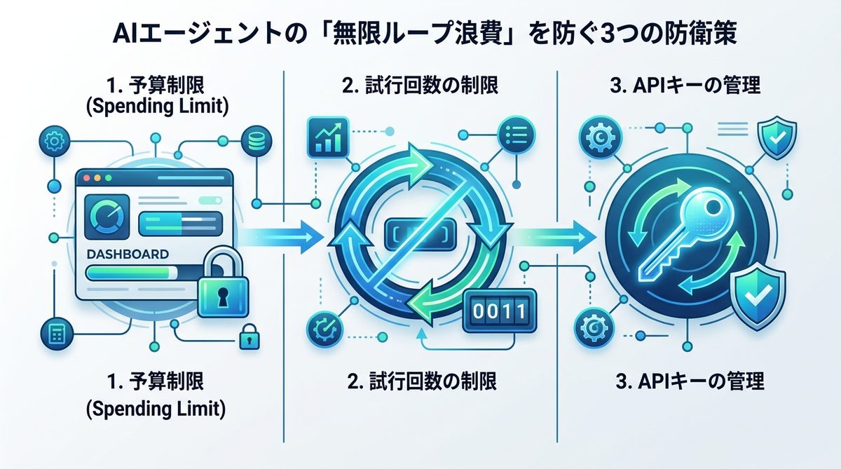 図解：放置すると高額請求？AIエージェントの「無限ループ浪費」を防ぐ3つの防衛策