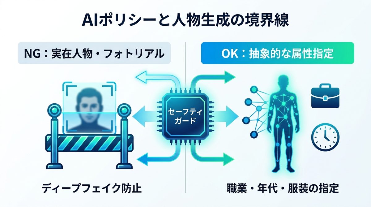 図解：なぜ生成が拒否される？AIポリシーと「人物生成」の境界線