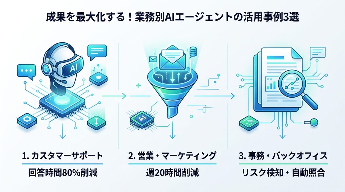 図解：成果を最大化する！業務別AIエージェントの活用事例3選