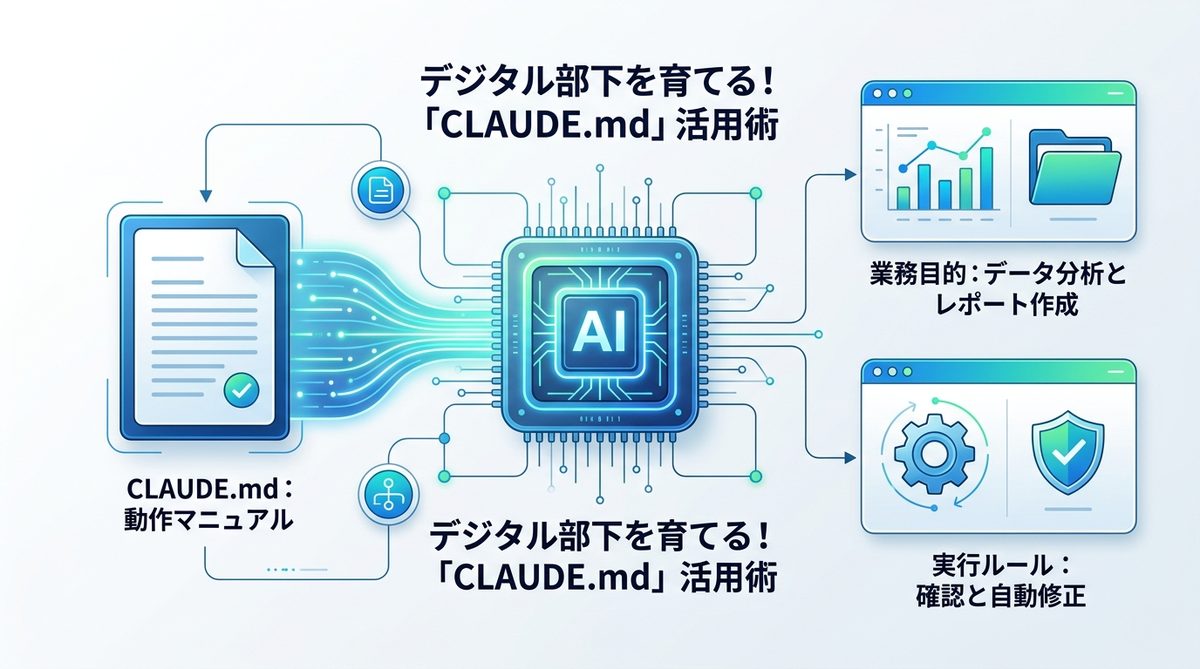 図解:デジタル部下を育てる!「CLAUDE.md」を活用した最強の指示出し術
