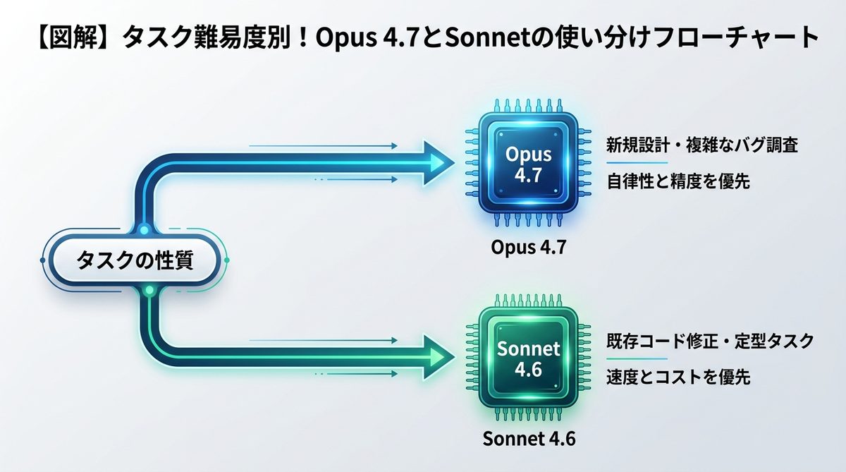 図解：【図解】タスク難易度別！Opus 4.7とSonnetの使い分けフローチャート