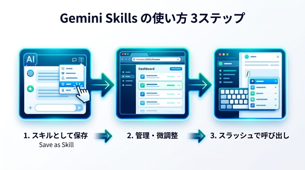 図解：プロンプト入力はもう古い！Gemini Skillsの基本的な使い方3ステップ