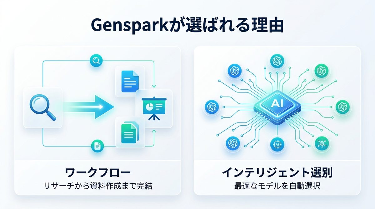 図解：単なる検索ツールではない。Gensparkが競合（Perplexity等）より選ばれる理由