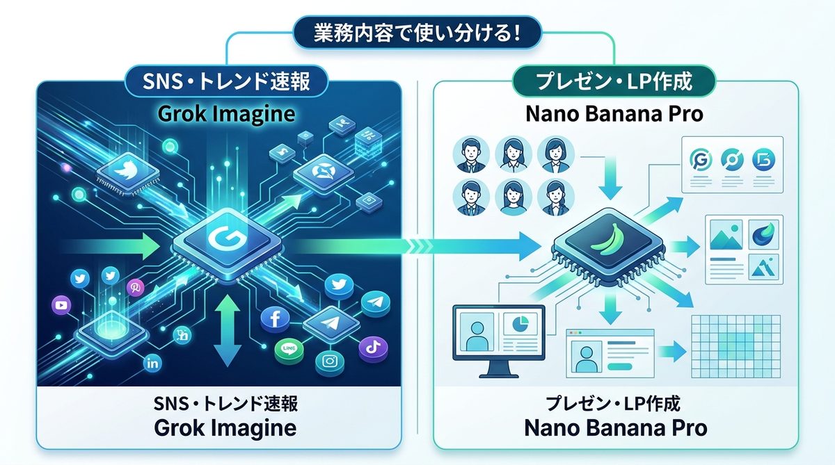 図解：【事例あり】業務内容で使い分ける！Grok ImagineとNano Bananaの最適活用シーン
