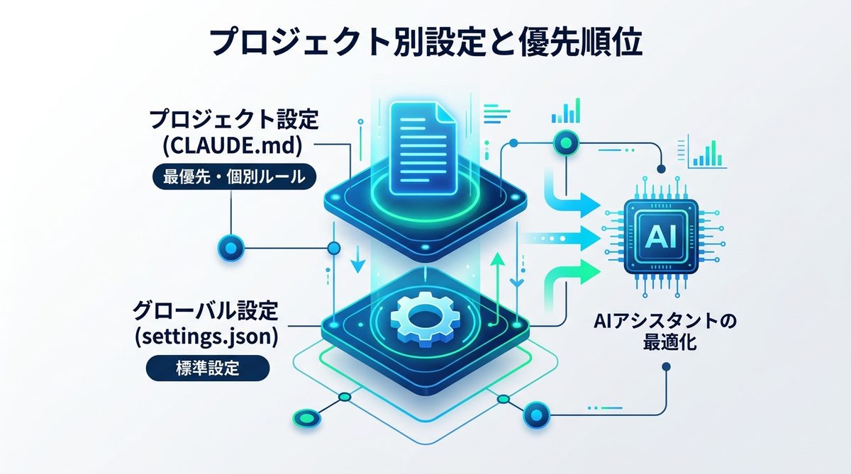 図解：プロジェクト別設定と優先順位の理解｜CLAUDE.mdの活用術
