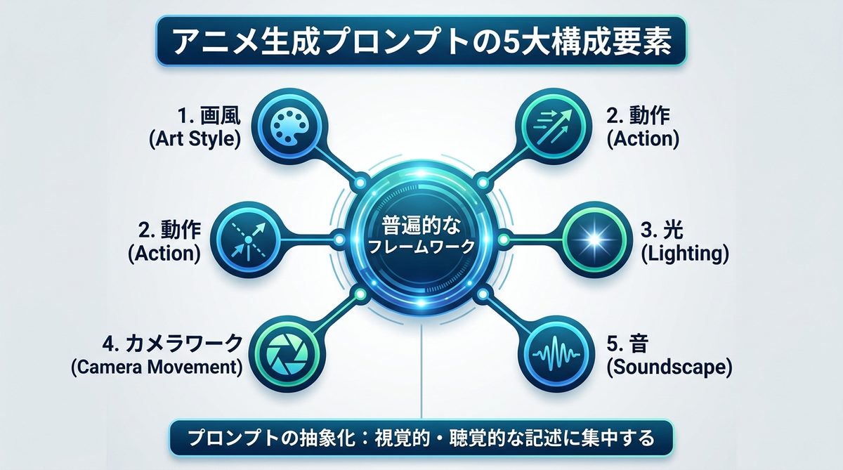 図解：【図解】ツールが変わっても使える！アニメ生成プロンプトの「5大構成要素」