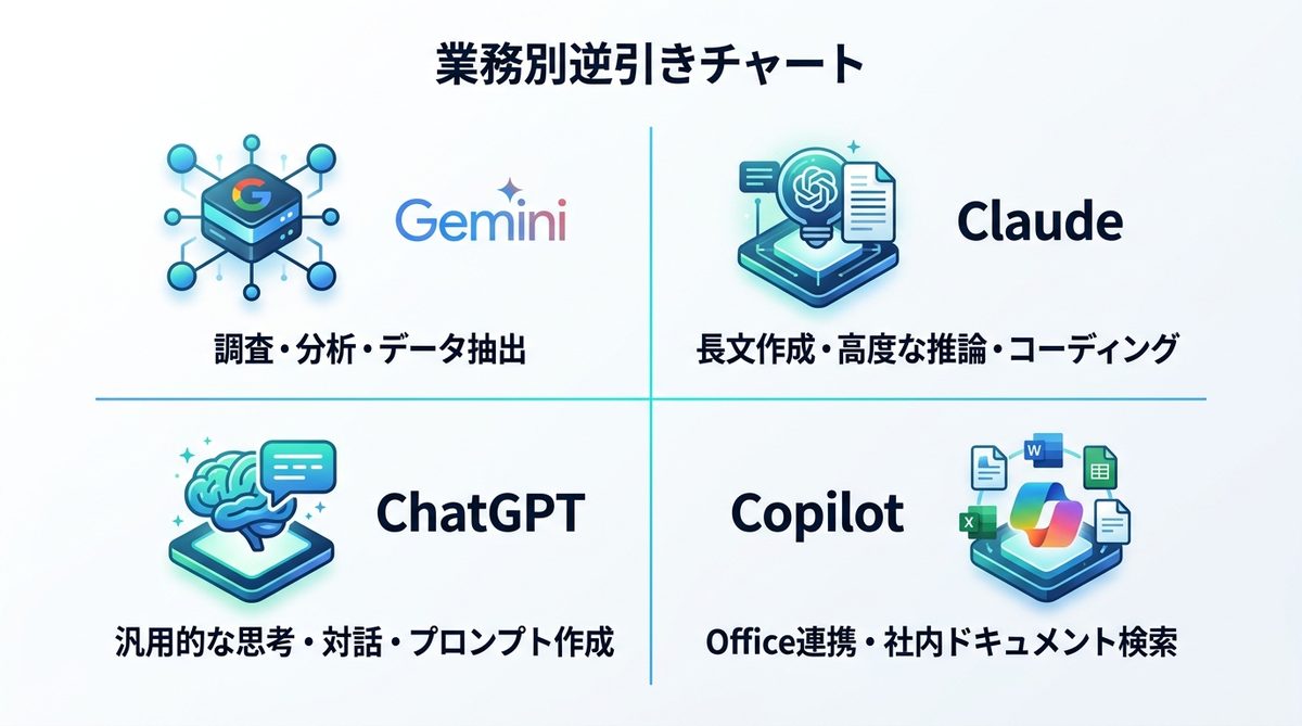 図解：業務別逆引きチャート｜あなたに最適な生成AIはこれだ！