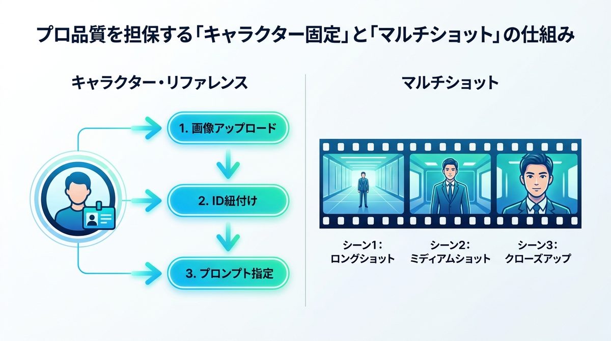 図解：プロ品質を担保する「キャラクター固定」と「マルチショット」の仕組み