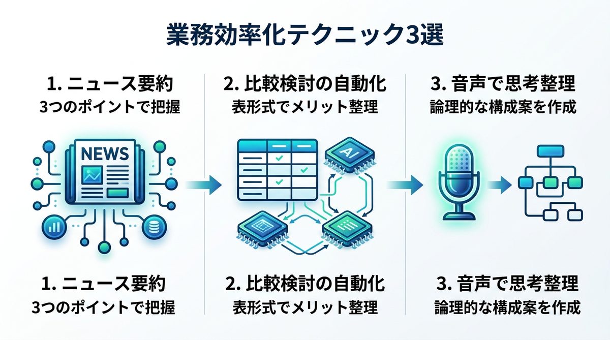 図解：業務時間を削る！ビジネスシーン別の活用テクニック3選