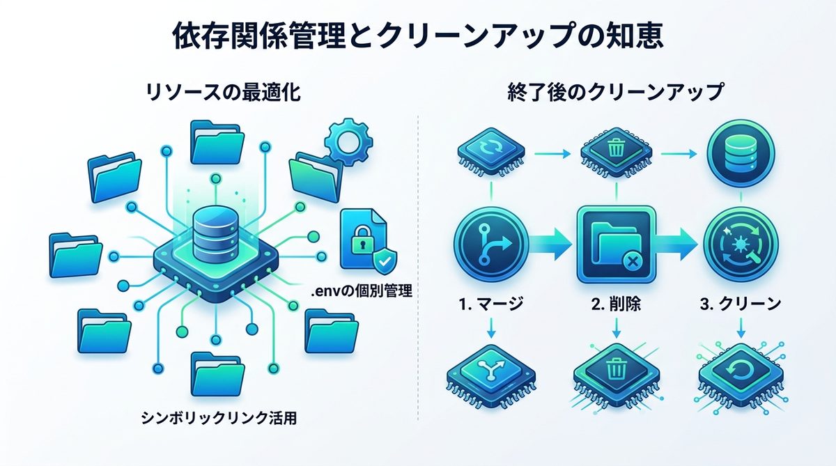 図解:現場で失敗しない!依存関係管理とクリーンアップの知恵