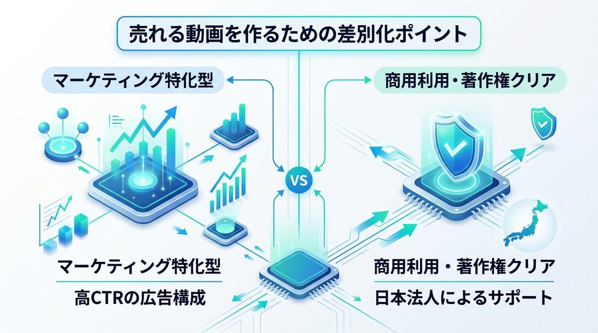 図解:売れる動画を作るための差別化ポイント|他社AIツールとの決定的な違い