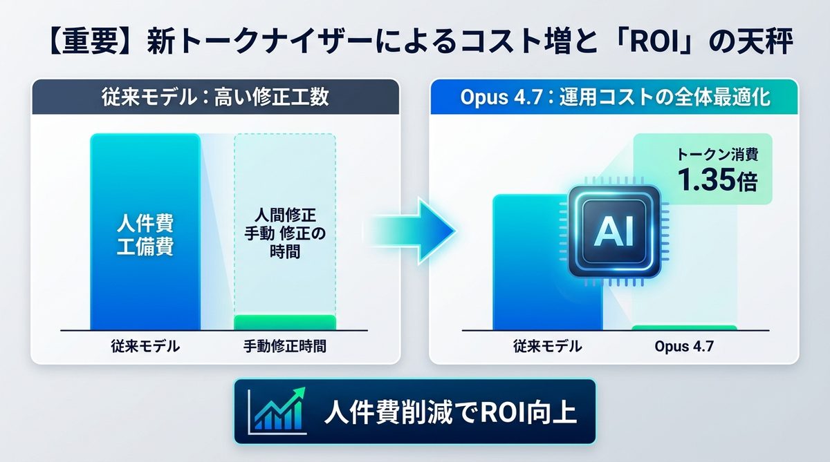 図解：【重要】新トークナイザーによるコスト増と「ROI（投資対効果）」の天秤