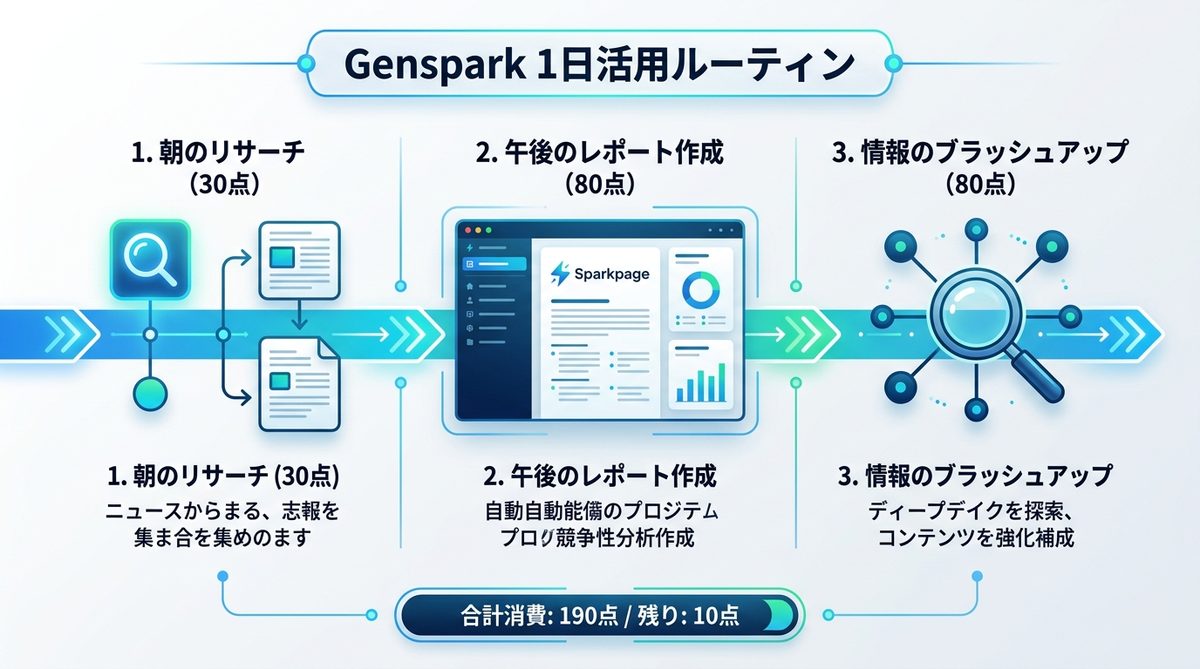 図解：無料枠で完結！ビジネスパーソンのための「Genspark 1日活用ルーティン」