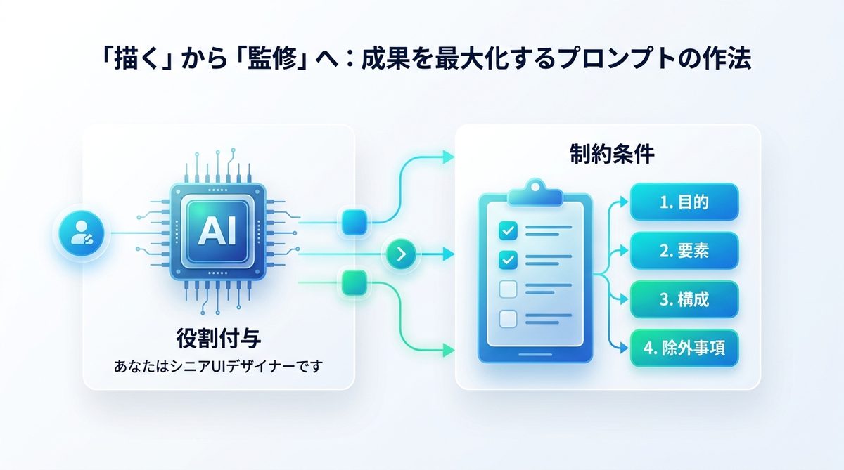 図解：「描く」から「監修」へ：成果を最大化するプロンプトの作法