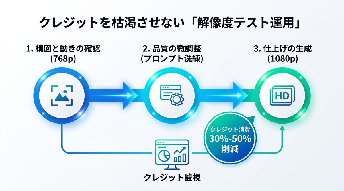 図解：【必読】クレジットを枯渇させない「解像度テスト運用」の現場フロー