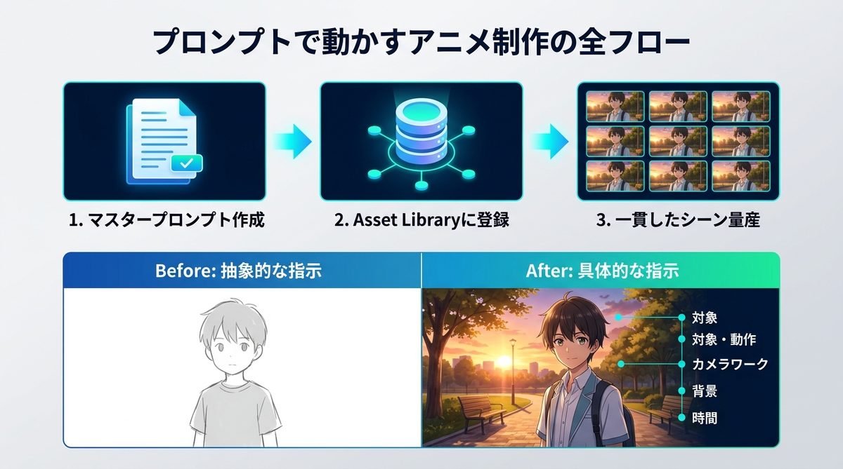 図解：【実践】プロンプトで動かすアニメ制作の全フロー｜キャラクターの一貫性を守る