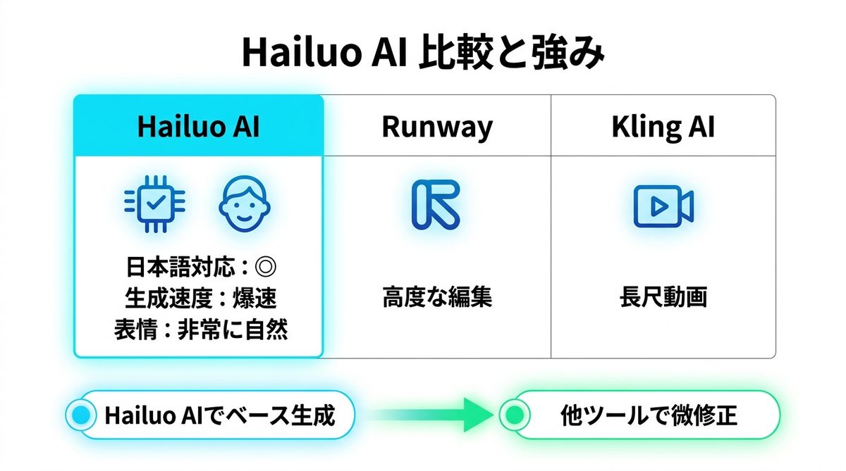 図解：4. RunwayやKling AIと比較！Hailuo AIが強みを発揮する領域
