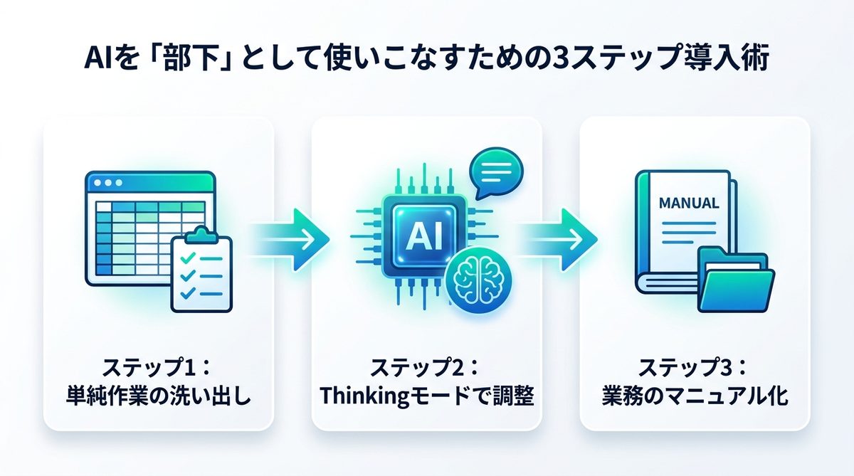 図解：AIを「部下」として使いこなすための3ステップ導入術
