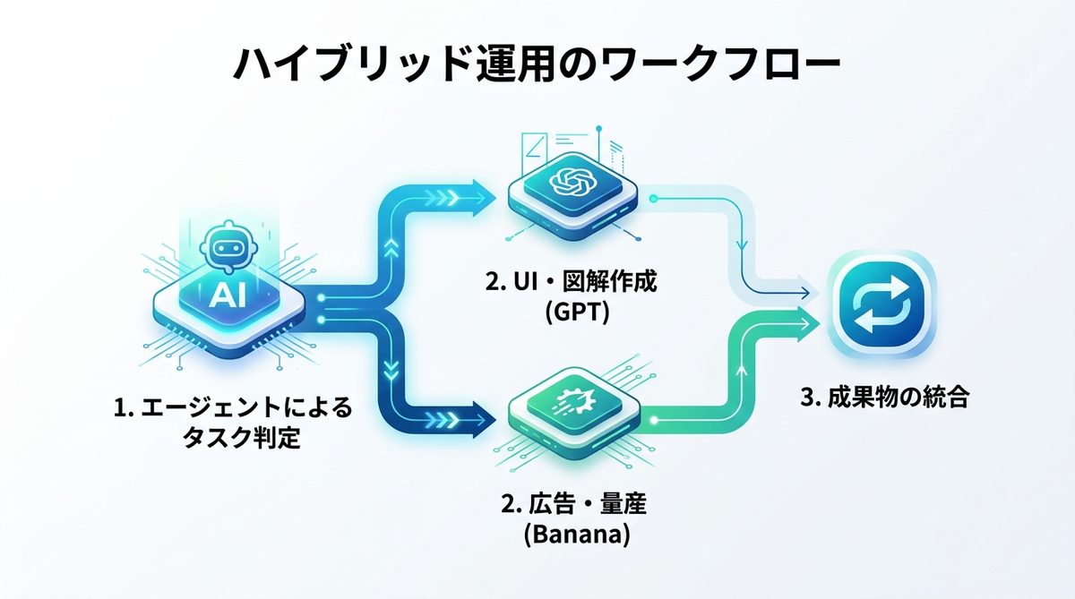 図解：AIエージェントを活用した「ハイブリッド運用」のワークフロー