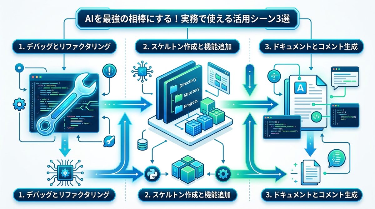図解：AIを最強の相棒にする！実務で使える活用シーン3選