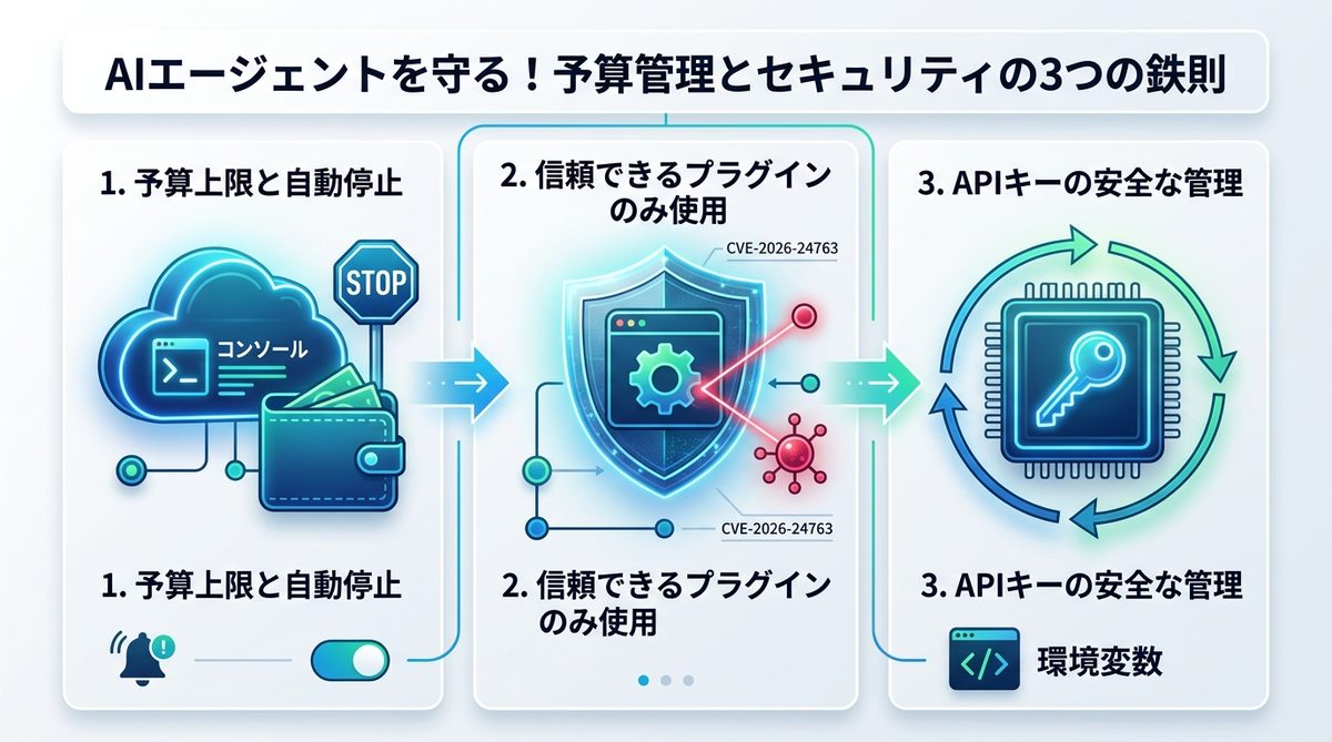 図解:AIエージェントを守る!予算管理とセキュリティの3つの鉄則