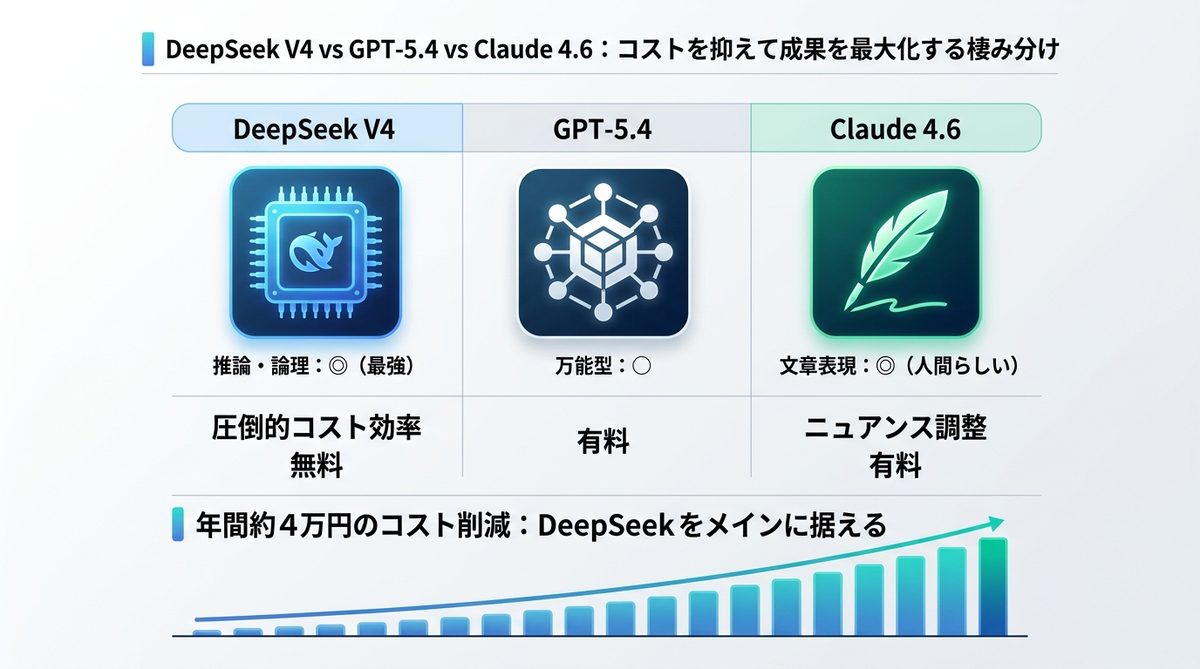 図解：DeepSeek V4 vs GPT-5.4 vs Claude 4.6｜コストを抑えて成果を最大化する棲み分け