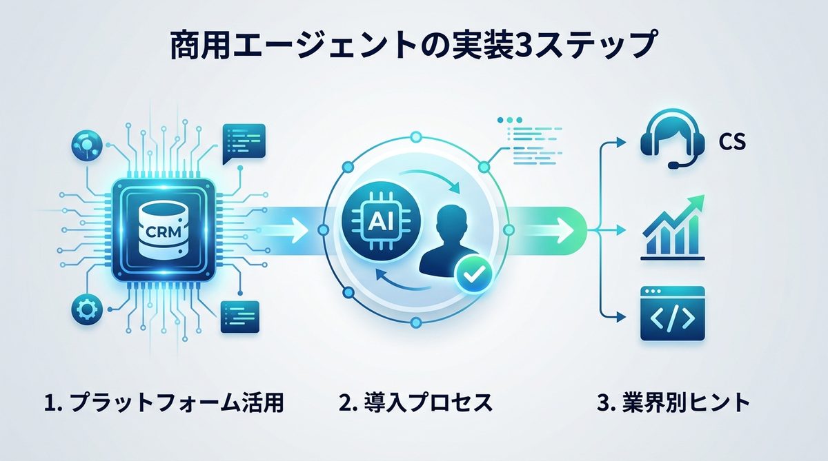 図解：【2026年最新】「作成」から「プラットフォーム活用」へ。商用エージェントの実装3ステップ