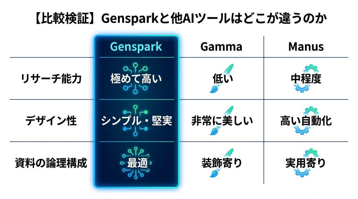 図解：【比較検証】Gensparkと他AIツールはどこが違うのか