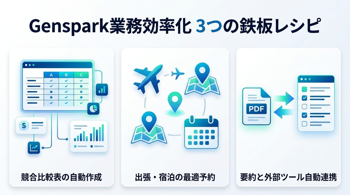 図解：【実践ガイド】Gensparkで業務を効率化する3つの鉄板レシピ
