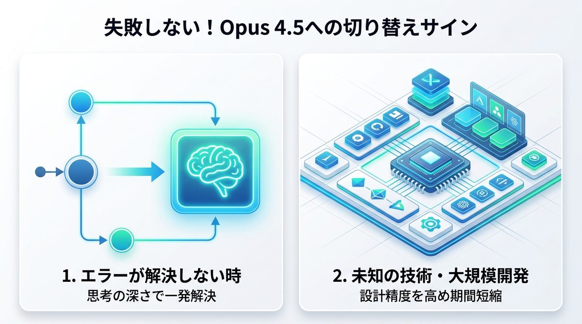 図解：失敗しない！「Opus 4.5」への切り替えサイン