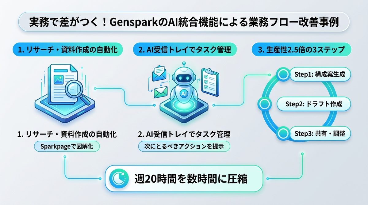 図解：実務で差がつく！GensparkのAI統合機能による業務フロー改善事例