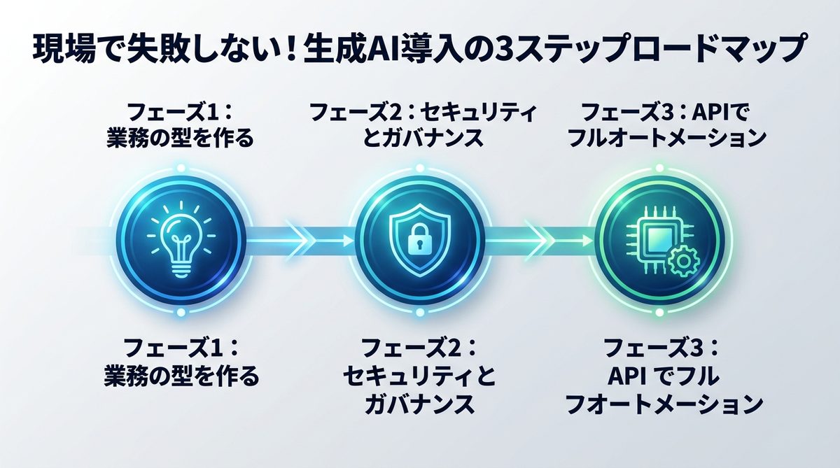 図解：現場で失敗しない！生成AI導入の3ステップロードマップ