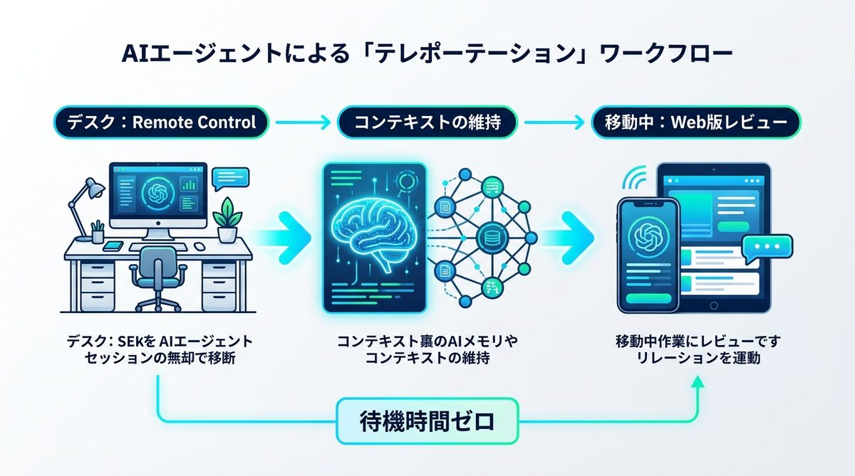 図解：場所を選ばない開発へ！AIエージェントによる「テレポーテーション」ワークフロー