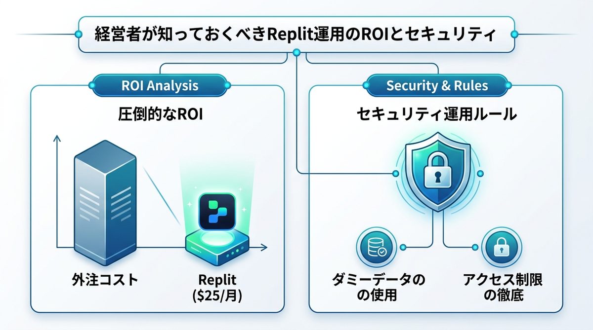 図解：経営者が知っておくべきReplit運用のROI（投資対効果）とセキュリティ