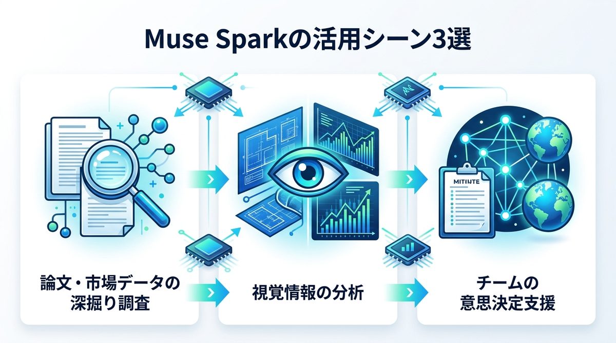 図解:ビジネス現場で劇的進化!Muse Sparkの活用シーン3選