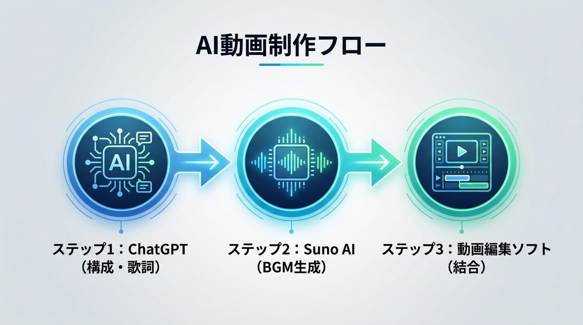 図解：業務を劇的に効率化する！Suno AIを活用したAI動画制作フロー