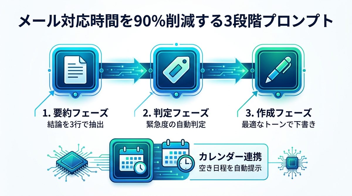 図解：実戦投入！メール対応時間を90%削減する「3段階プロンプト」