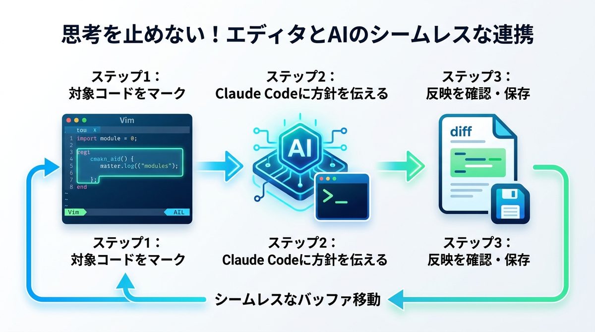 図解：思考を止めない！エディタとAIをシームレスに行き来する運用術