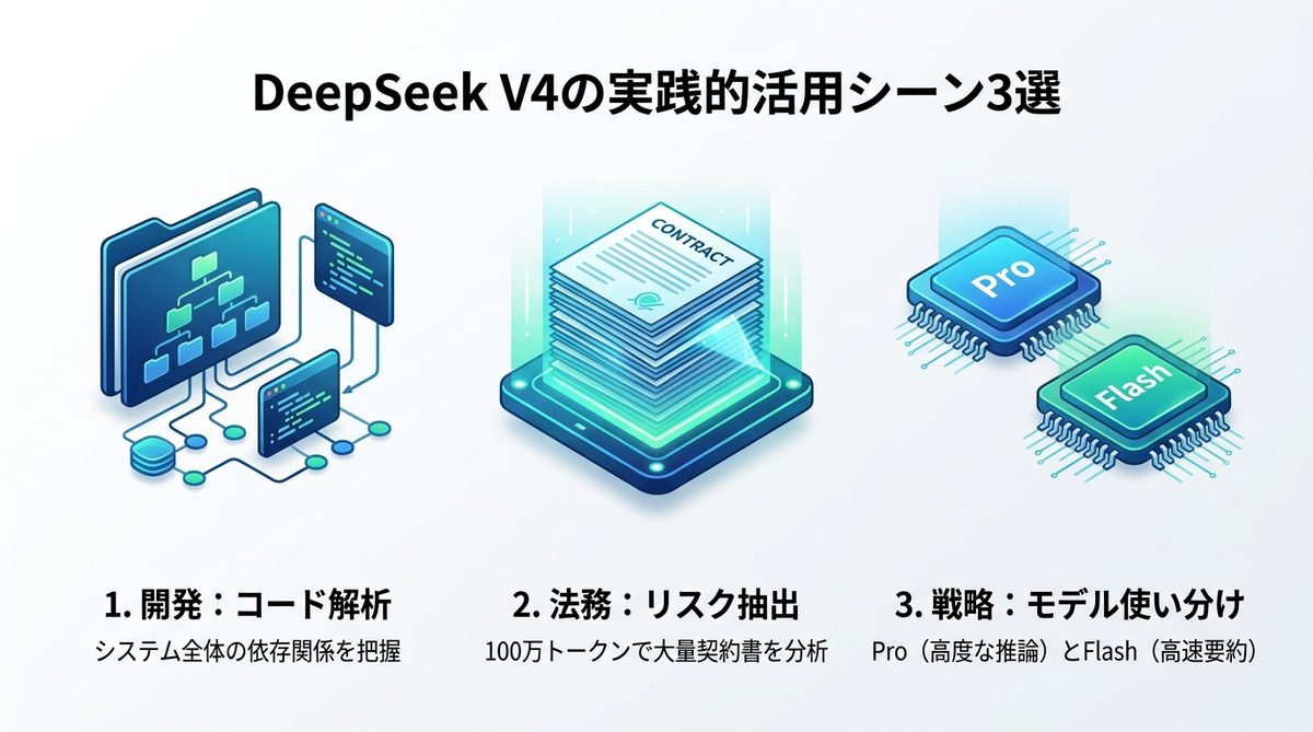 図解：開発・法務・分析で差がつく！DeepSeek V4の実践的活用シーン3選