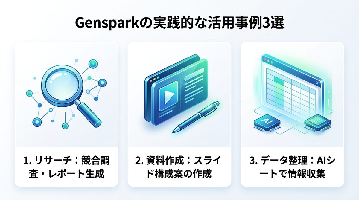図解：【業務活用】明日から使える！Gensparkの実践的な活用事例3選