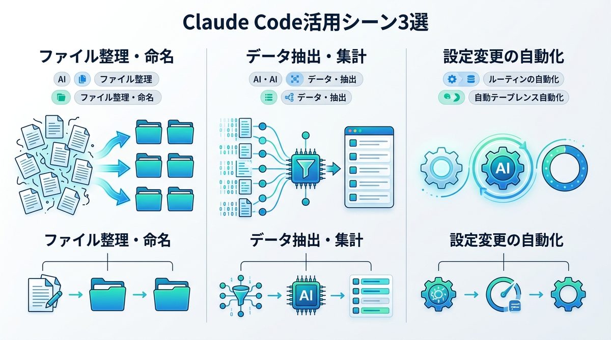 図解：ビジネスパーソンが今すぐやるべき！Claude Code活用シーン3選