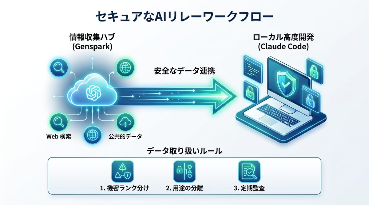 図解：【実践】機密情報を守り抜く「セキュアなAIリレーワークフロー」