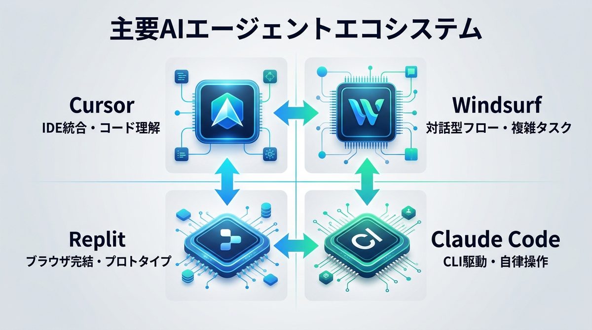 図解：【ツール選定】開発現場に導入すべき主要AIエージェントエコシステム
