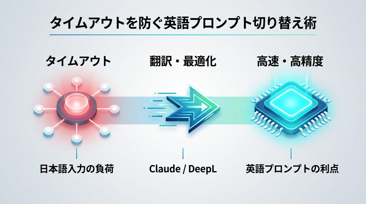 図解：複雑なプロンプトが原因？タイムアウトを防ぐ英語入力への切り替え術