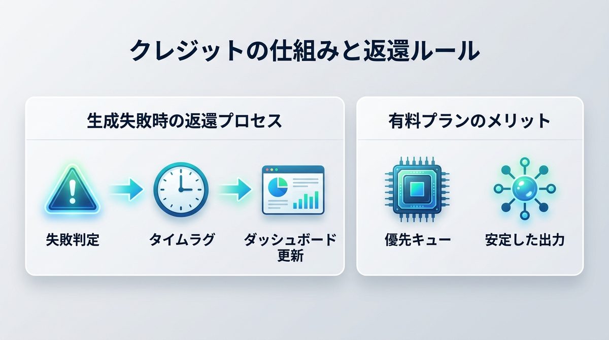 図解：クレジットの仕組みと「生成失敗」後の返還ルール